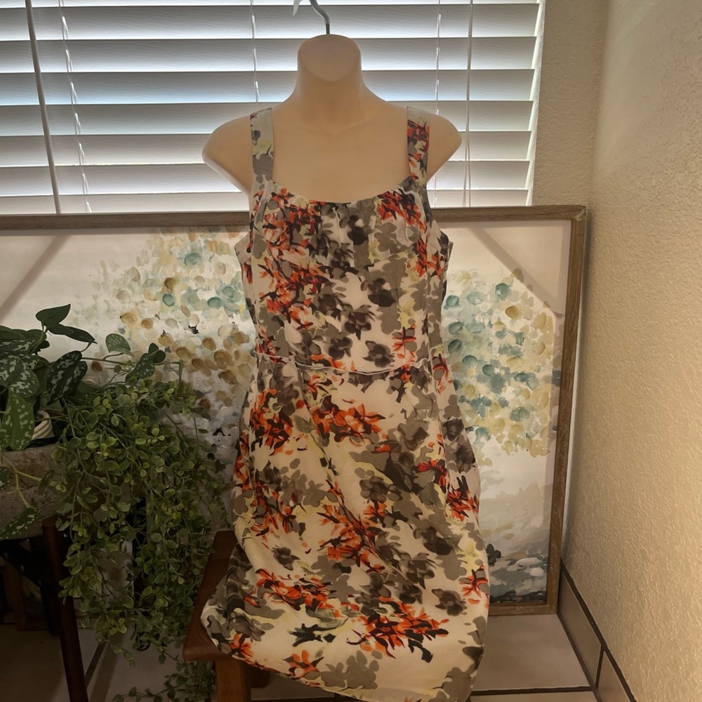 Banana Republic Midi Silk Dress with Oatmeal, Orange & Green Floral Print. Sz 4.